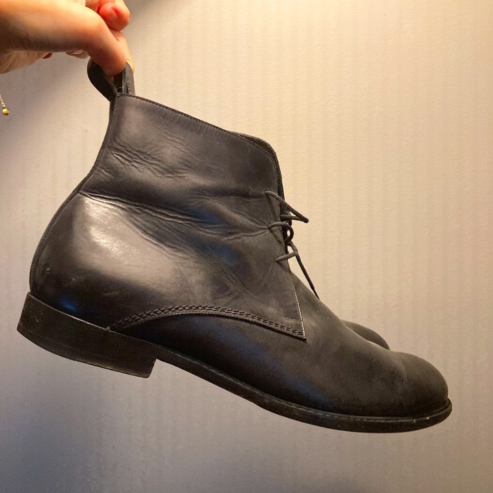 YSL Saint Laurent Plain Boots Black Leather Vibram Sole Men Size44/US10